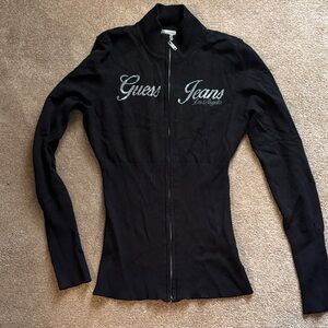 Guess Black Zip-Up Cardigan with Rhinestone Logo